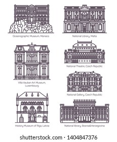 Set of isolated european culture buildings. History of Riga, Villa Vauban art museum. Line National library, theater, gallery. Monaco, Malta, Luxemburg, Czech, Latvia Bosnia and Herzegovina