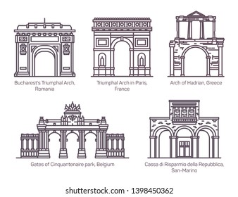 Set von isolierten europäischen berühmten Bogen- oder Sightseeingbogen in dünner Linie. Bukarest und Paris Triumphbogen. Hadrian und Cassa di Risparmio della Repubblica, Tore von Cinquantenaire Park.Architektur