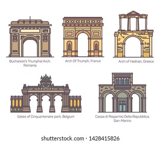 Set von isolierten europäischen berühmten Bogen oder Sightseeing-Arcs in Farbe. Bukarest und Paris Triumphbogen. Hadrian und Cassa di Risparmio della Repubblica, Tore von Cinquantenaire Park.Architektur