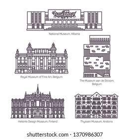 Set of isolated european museums in thin line