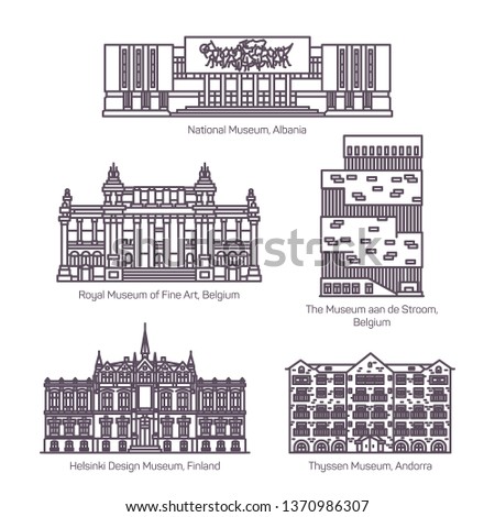 Set of isolated european museums in thin line