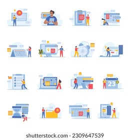 Set with isolated event planning flat icons of calendar apps to do lists planners and people vector illustration