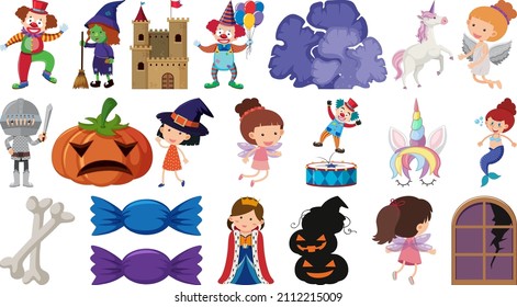 Set of isolated fairytale cartoon characters and objects illustration