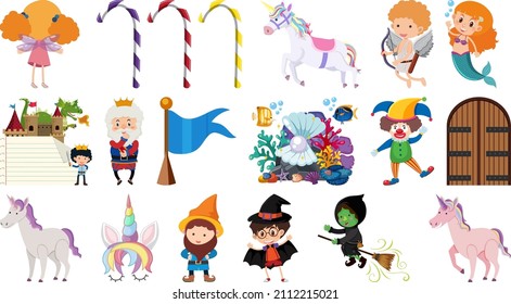 Set of isolated fairytale cartoon characters and objects illustration