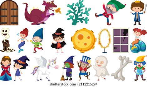Set of isolated fairytale cartoon characters and objects illustration