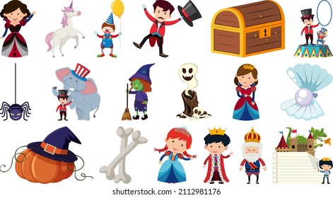 Set of isolated fairytale cartoon characters and objects illustration