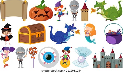 Set of isolated fairytale cartoon characters and objects illustration