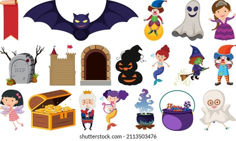 Set of isolated fairytale cartoon characters and objects illustration
