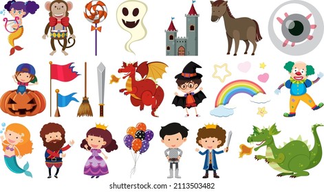 Set of isolated fairytale cartoon characters and objects illustration