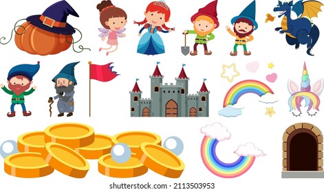 Set of isolated fairytale cartoon characters and objects illustration