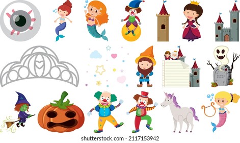 Set of isolated fairytale cartoon characters and objects illustration