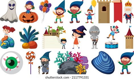 Set of isolated fairytale cartoon characters and objects illustration