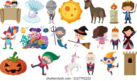 Set of isolated fairytale cartoon characters and objects illustration