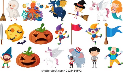 Set of isolated fairytale cartoon characters and objects illustration