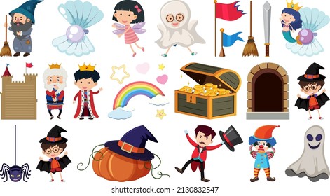 Set of isolated fairytale cartoon characters and objects illustration