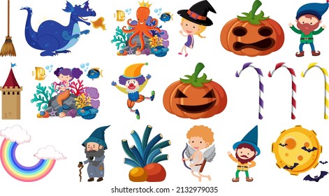 Set of isolated fairytale cartoon characters and objects illustration