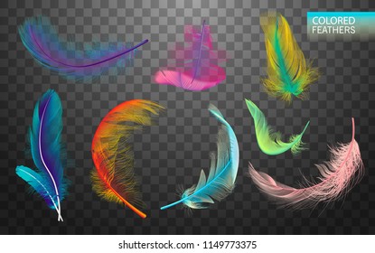 Set of isolated falling colored fluffy twirled feathers on transparent background in realistic style. Light cute feathers design. Elements for design. Vector Illustration