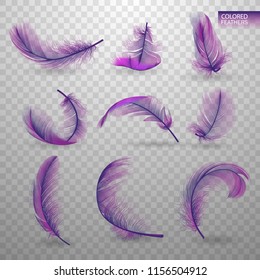 Set of isolated falling colored fluffy twirled feathers on transparent background in realistic style. Light cute feathers design. Elements for design vector illustration