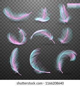 Set of isolated falling colored fluffy twirled feathers on transparent background in realistic style. Light cute feathers design. Elements for design. Vector Illustration