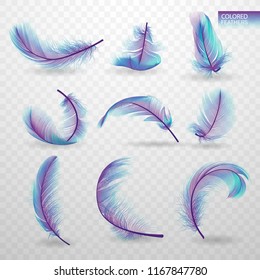 Set of isolated falling colored fluffy twirled feathers on transparent background in realistic style. Light cute feathers design. Elements for design. Vector Illustration