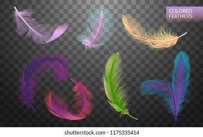 Set of isolated falling colored fluffy twirled feathers on transparent background in realistic style. Light cute feathers design. Elements for design. Vector Illustration