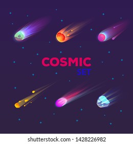 Set of isolated falling comet or burning star, flame asteroid or meteor burst with tail, trail, meteorite in space or meteoroid flare, cosmos stone. Universe and cosmic, astronomy, astrology, science