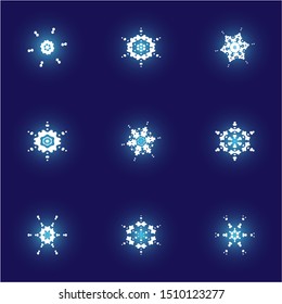 Set of isolated falling snowflakes on blue background.  Colorful concept accurate forms and colors. Vector illustration frames. White xmas paper craft ornaments for banners, greeting cards.