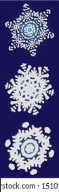 Set of isolated falling snowflakes on blue background.  Colorful concept accurate forms and colors. Vector illustration frames. White xmas paper craft 3d ornaments for banners, greeting cards.