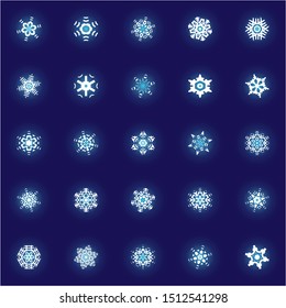 Set of isolated falling snowflakes on blue background.  Cool concept accurate forms and colors. Vector illustration posters. White xmas paper craft ornaments for banners, greeting cards.