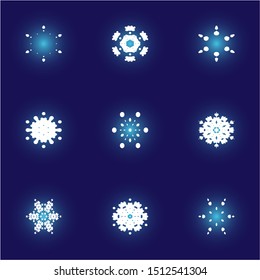 Set of isolated falling snowflakes on blue background.  Cool concept accurate forms and colors. Vector illustration posters. White xmas paper craft ornaments for banners, greeting cards.