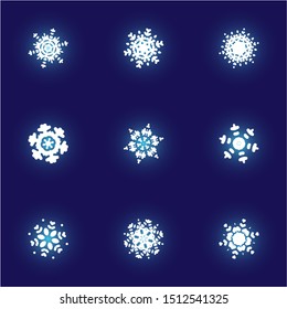 Set of isolated falling snowflakes on blue background.  Cool concept accurate forms and colors. Vector illustration posters. White xmas paper craft ornaments for banners, greeting cards.