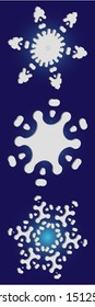 Set of isolated falling snowflakes on blue background.  Cool concept accurate forms and colors. Vector illustration posters. White xmas paper craft 3d ornaments for banners, greeting cards.