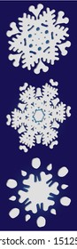 Set of isolated falling snowflakes on blue background.  Minimal concept accurate forms and colors. Vector illustration overlays. White xmas paper craft 3d ornaments for banners, greeting cards.