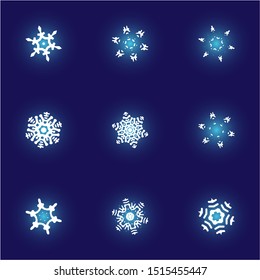 Set of isolated falling snowflakes on blue background. Clean concept expressive forms and colors. Vector illustration - overlays. White xmas paper craft ornaments for banners, greeting cards.