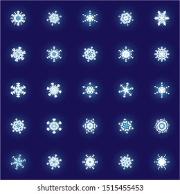 Set of isolated falling snowflakes on blue background. Vector illustration - decorations. Geometric concept expressive forms and colors. White xmas paper craft ornaments for banners, greeting cards.