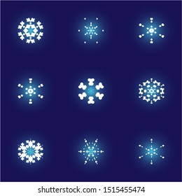 Set of isolated falling snowflakes on blue background. Magic concept expressive forms and colors. Vector illustration - posters. White xmas paper craft ornaments for banners, greeting cards.