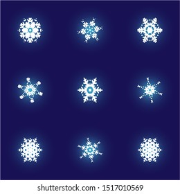 Set of isolated falling snowflakes on blue background. Magic concept expressive forms and colors. Vector illustration - templates. White xmas paper craft ornaments for banners, greeting cards.