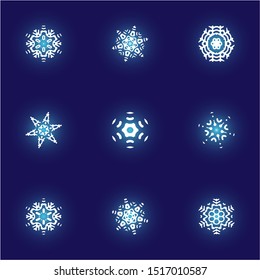 Set of isolated falling snowflakes on blue background. Clean concept expressive forms and colors. Vector illustration - frames. White xmas paper craft ornaments for banners, greeting cards.