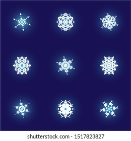 Set of isolated falling snowflakes on blue background. Clean concept expressive forms and colors. Vector illustration - postcards. White xmas paper craft ornaments for banners, greeting cards.