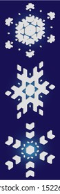 Set of isolated falling snowflakes on blue background.  Geometric concept accurate forms and colors. Vector illustration patterns. White xmas paper craft 3d ornaments for banners, greeting cards.