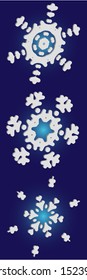 Set of isolated falling snowflakes on blue background.  Vector illustration patterns. Minimal concept accurate forms and colors. White xmas paper craft 3d ornaments for banners, greeting cards.