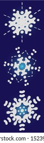 Set of isolated falling snowflakes on blue background.  Minimal concept accurate forms and colors. Vector illustration templates. White xmas paper craft 3d ornaments for banners, greeting cards.