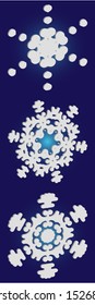 Set of isolated falling snowflakes on blue background.  Vector illustration posters. Original concept accurate forms and colors. White xmas paper craft 3d ornaments for banners, greeting cards.