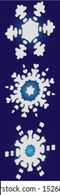 Set of isolated falling snowflakes on blue background.  Vector illustration overlays. Minimal concept accurate forms and colors. White xmas paper craft 3d ornaments for banners, greeting cards.