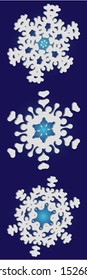 Set of isolated falling snowflakes on blue background.  Vector illustration shapes. Magic concept accurate forms and colors. White xmas paper craft 3d ornaments for banners, greeting cards.
