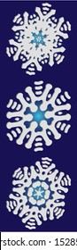 Set of isolated falling snowflakes on blue background.  Original concept accurate forms and colors. Vector illustration patterns. White xmas paper craft 3d ornaments for banners, greeting cards.