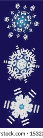 Set of isolated falling snowflakes on blue background.  Minimal concept accurate forms and colors. Vector illustration posters. White xmas paper craft 3d ornaments for banners, greeting cards.