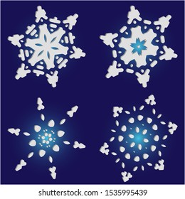 Set of isolated falling snowflakes on blue background.  Effective concept accurate forms and colors. Vector illustration templates. White xmas paper craft 3d ornaments for banners, greeting cards.