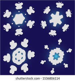 Set of isolated falling snowflakes on blue background.  Vector illustration templates. Clean concept accurate forms and colors. White xmas paper craft 3d ornaments for banners, greeting cards.