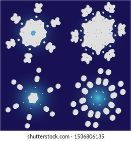 Set of isolated falling snowflakes on blue background.  Cool concept accurate forms and colors. Vector illustration art. White xmas paper craft 3d ornaments for banners, greeting cards.